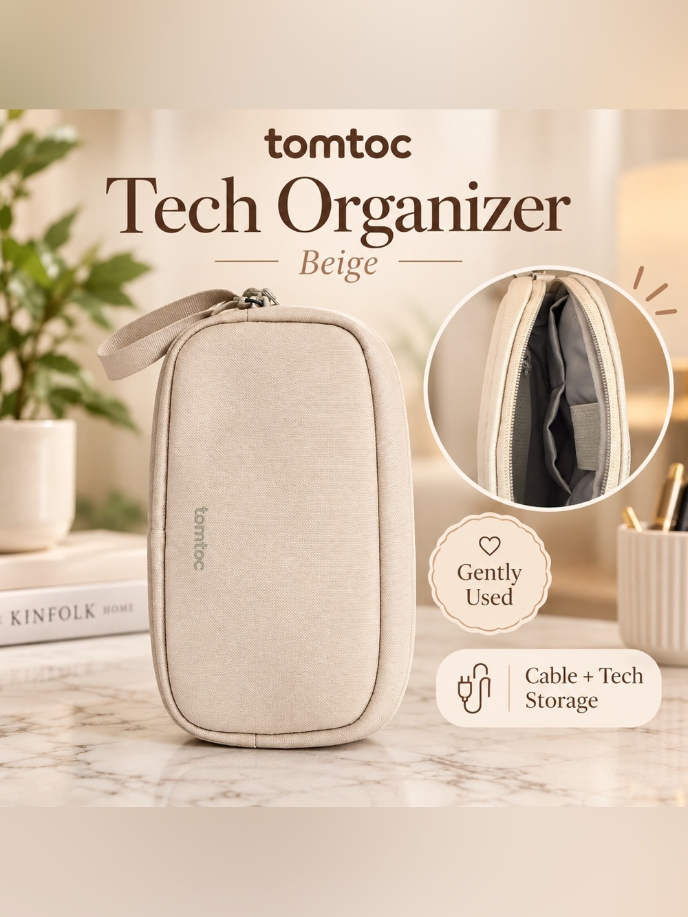 tomtoc Beige Tech Organizer Pouch for Cables & Accessories